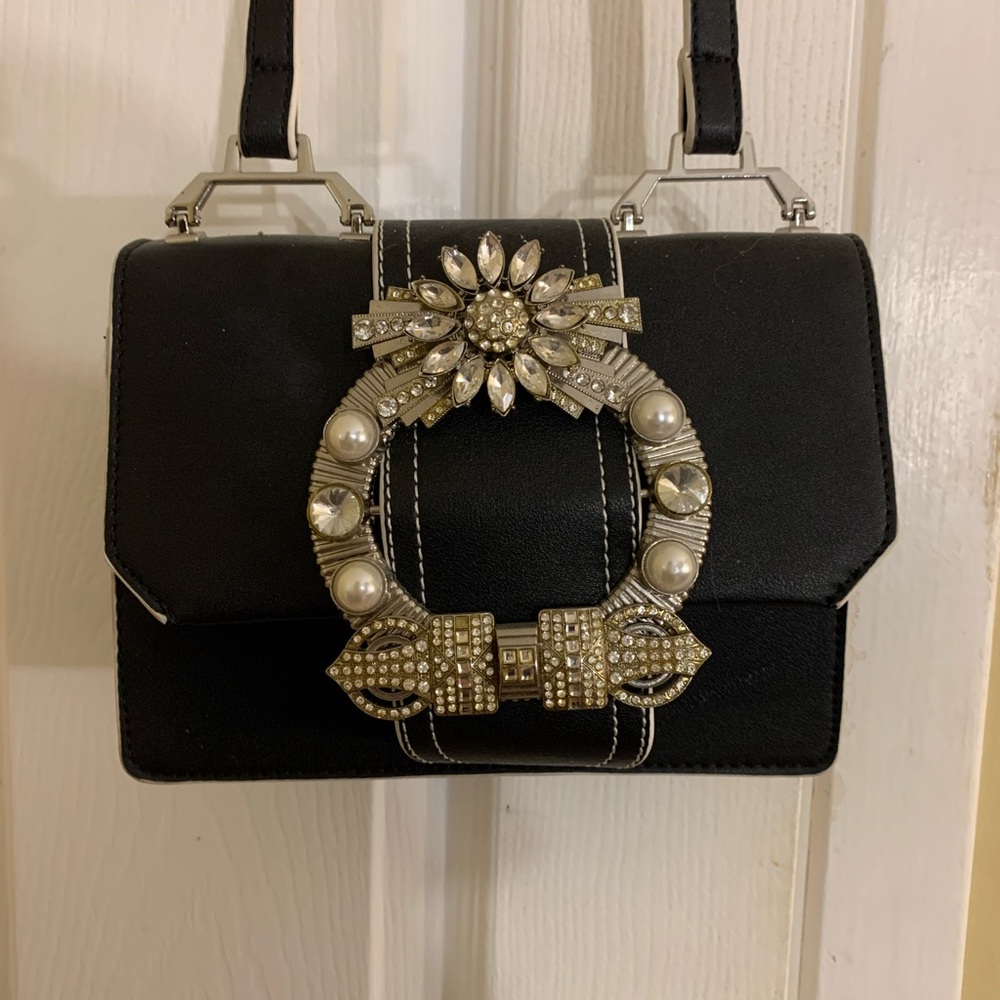 Miu Miu Madras Copy Crystal & Pearl Buckle Flap Crossbody Bag